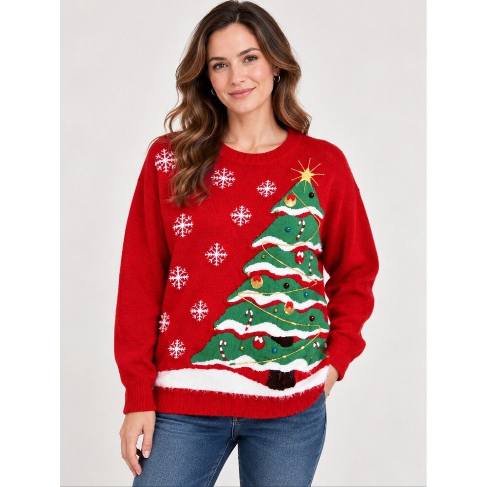 NWOT new 3D Holiday Time snow Christmas tree ornaments beaded ugly sweater, 3X
